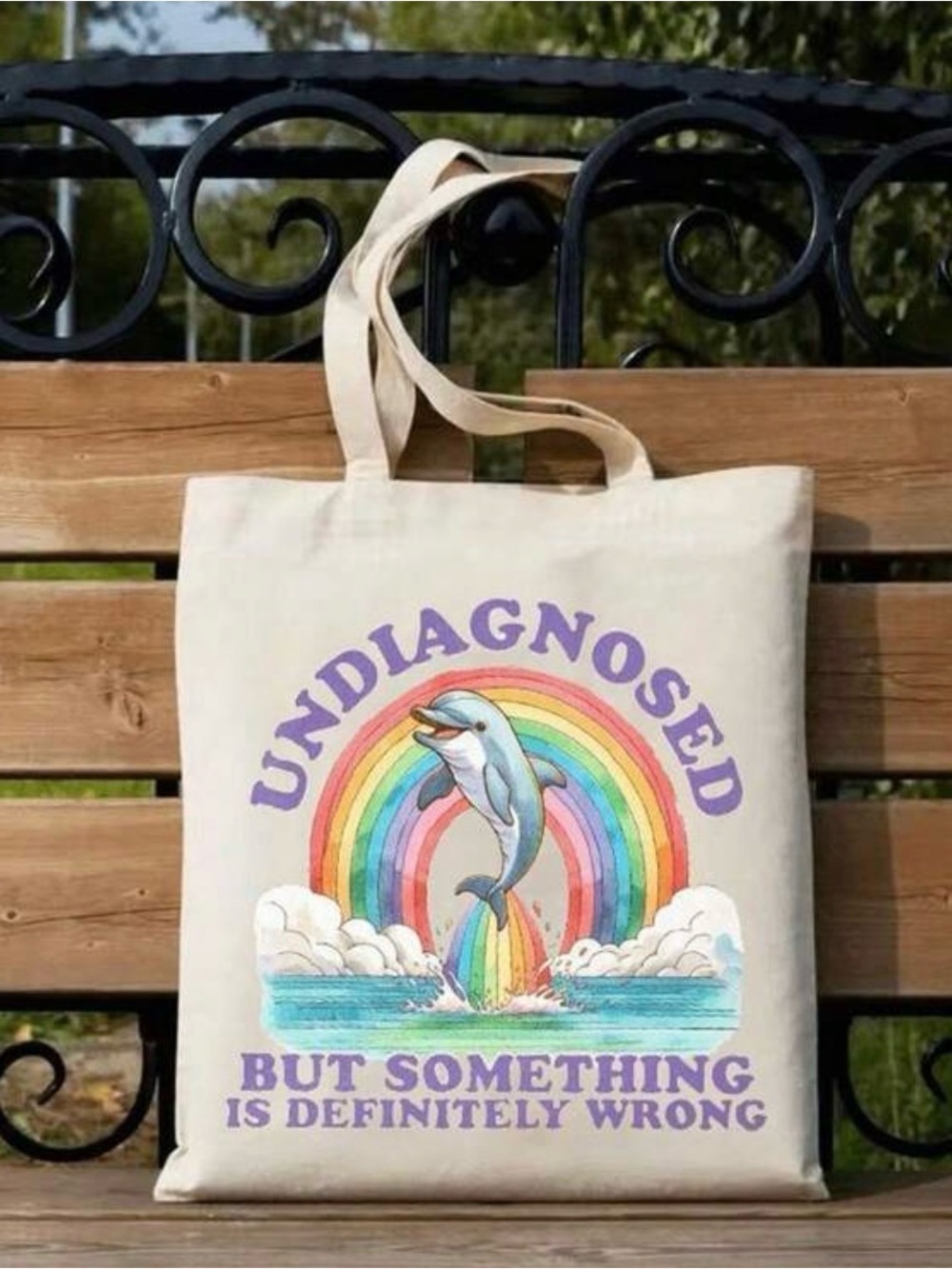 Rainbow Dolphin Graphic Tote Bag - Undiagnosed Slogan